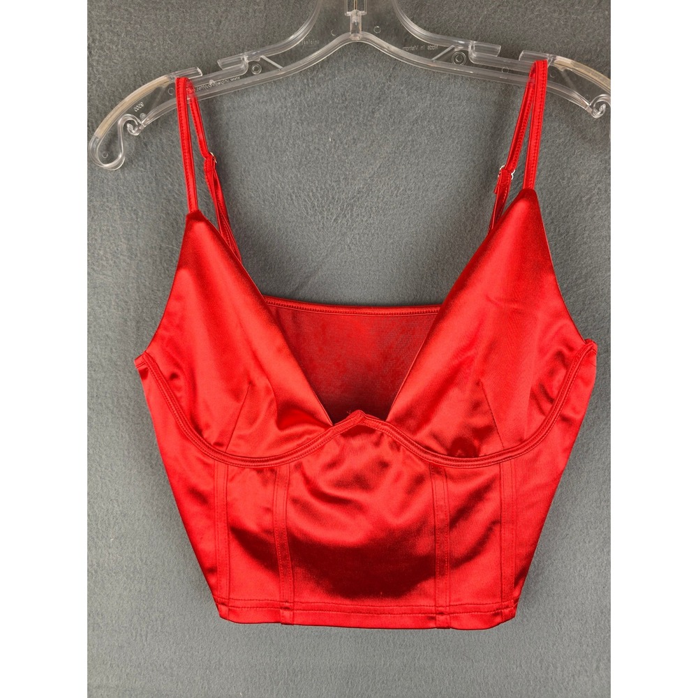 Satin Corset Crop Top Women Red Small V-Neck Adjustable Straps Glam Coquette